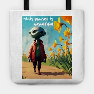 Alien walking through a vast field of yellow daffodils Tote