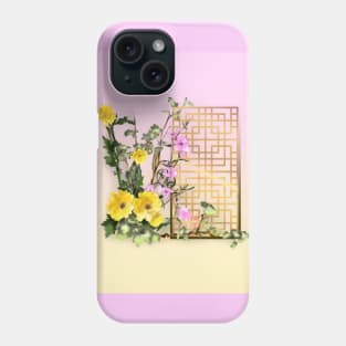 Yellow sumiE watercolor flowers with a chinese lattice Phone Case