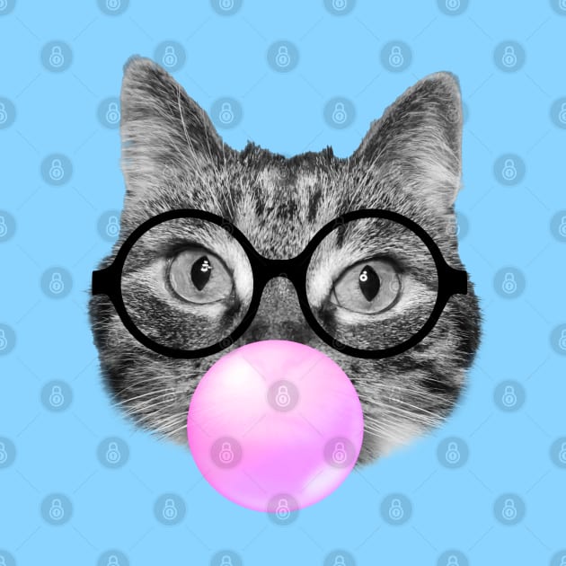Funny cat blowing a pink bubble gum by Purrfect