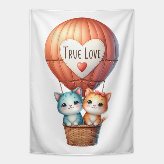 Valentine Cat Couple On Hot Air Balloon Tapestry by Chromatic Fusion Studio