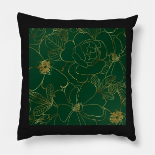 Elegant Gold Roses Floral Drawing Green Design Pillow