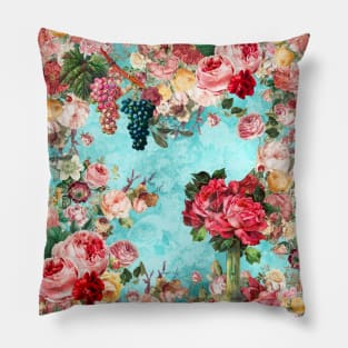 Elegant Vintage flowers and roses garden shabby chic, vintage botanical, pink floral pattern aqua blue artwork over a Pillow