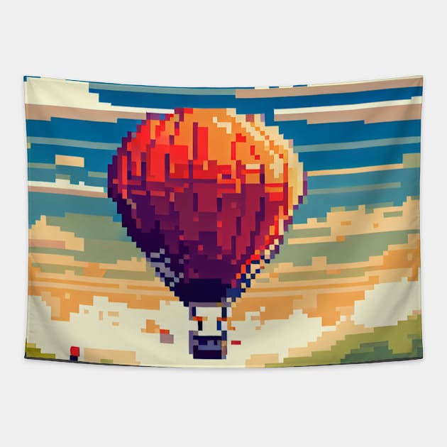 A person taking a hot air balloon ride over the countryside pixel art Tapestry by maricetak