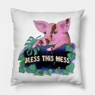 Bless this mess funny pink pig quote Pillow