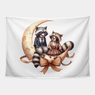 Valentine Happy Raccoon Couple On Moon Tapestry