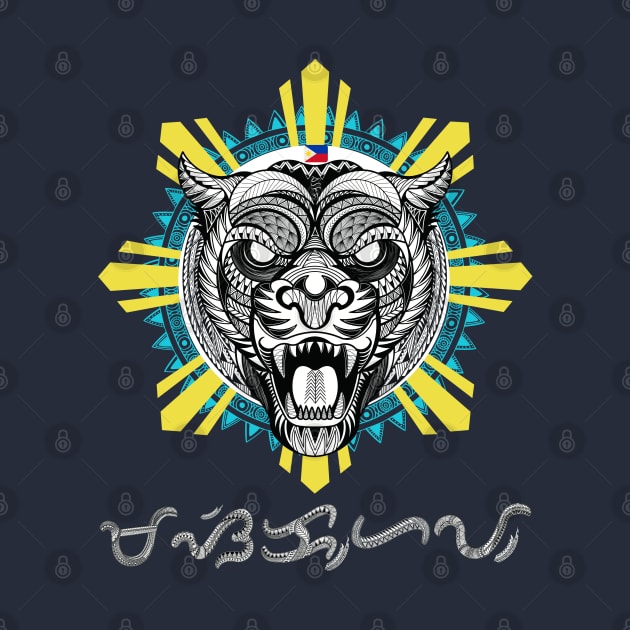 Philippine Sun Tribal line Art Tiger / Baybayin word Masikhay (Diligent ; deep and thorough) by Pirma Pinas