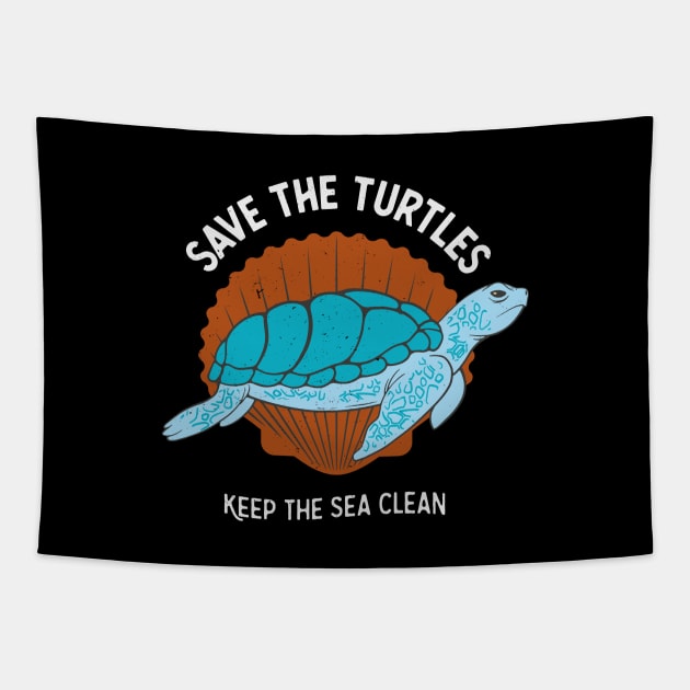 Save The Turtles Sea Turtle Ecology Tapestry by Foxxy Merch