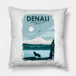 Denali National Park print vintage minimalistic travel and tourism art poster Pillow