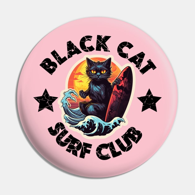 Black Cat Surf Club (Black Lettering) Pin by VelvetRoom