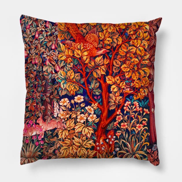 GREENERY,FOREST ANIMALS Pheasant on Fall Tree,Squirrel,Hares,Red Orange Pink Floral Tapestry Pillow by BulganLumini