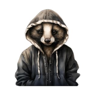 Watercolor Cartoon Badger in a Hoodie T-Shirt