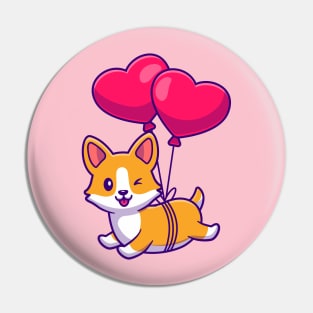 Cut Corgi Dog Floating With Heart Love Balloon Pin