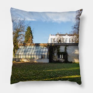 Old abandoned building in a park surrounded by nature and sunlight Pillow