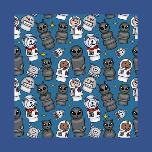 Little Astronauts, Space Dog, Aliens, and Robots Pattern T-Shirt