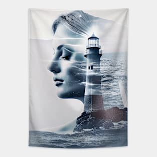 Lady Lighthouse Sea Imagine Wild Free Tapestry