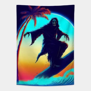 Spooky retro grim skeleton surfing on palm beach Tapestry