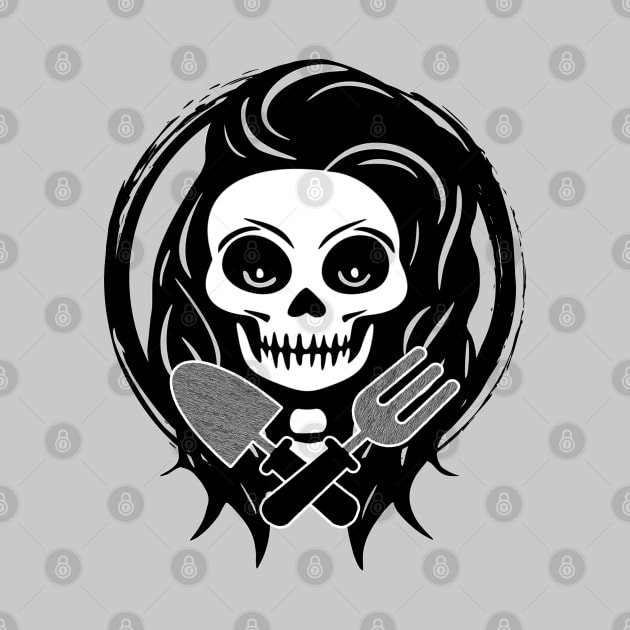 Female Gardener Skull and Garden Tools Black Logo by Nuletto