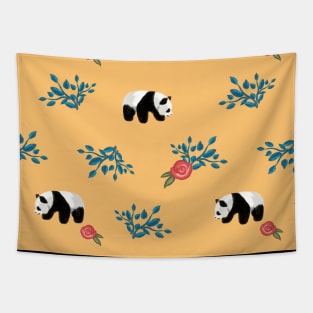 Floral Panda Pattern with Roses on Peach Background Tapestry