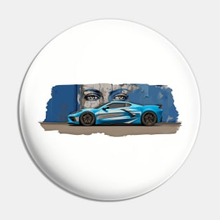 Rapid Blue C8 Corvette Stingray Supercar in front of a wall of graffiti with blue eyes looking back at you Sports car American Muscle car race car Pin