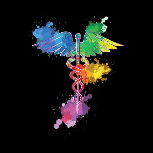 Caduceus Watercolor Splash Nurse T-Shirt for Men and Women by AKSA shop