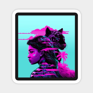 Girl and Panther vaporwave style Magnet