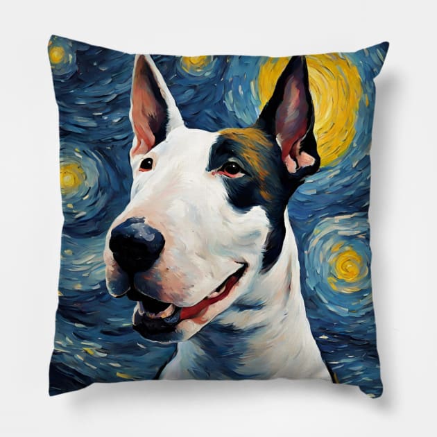 Adorable Bull Terrier Dog Breed Painting in a Van Gogh Starry Night Art Style Pillow by Art-Jiyuu