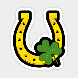 Lucky Golden Horseshoe with Shamrock on Black Magnet