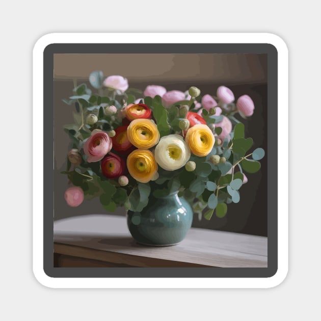 Ranunculus Flowers and Eucalyptus Leaves Still Life Painting Magnet by bragova