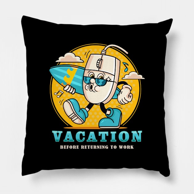 Vacation, retro mouse cartoon character on vacation while carrying a surfboard Pillow by Vyndesign