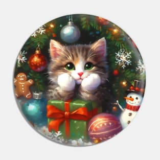 Christmas cat painting with gifts and snowman Pin