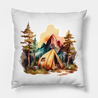 Summer Camping Mountain Watercolor Scene Pillow