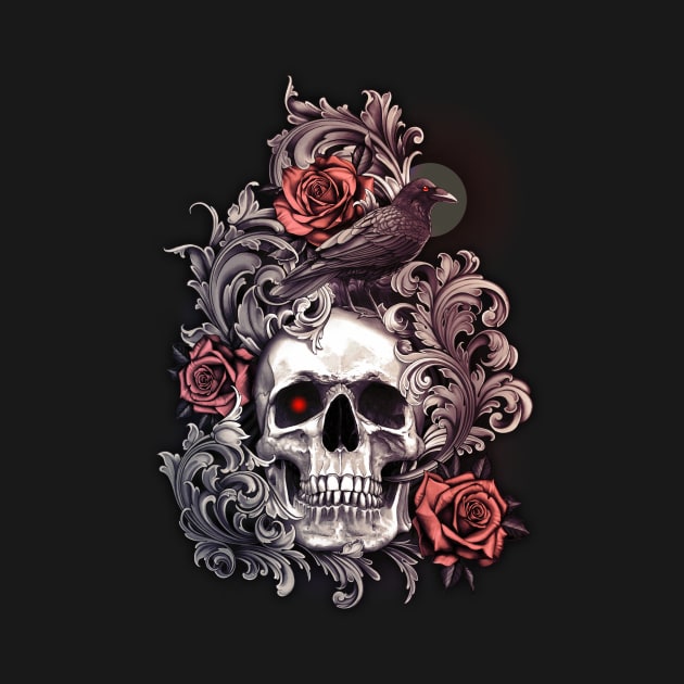 Skull Crow with Roses and Filigree by bomazu