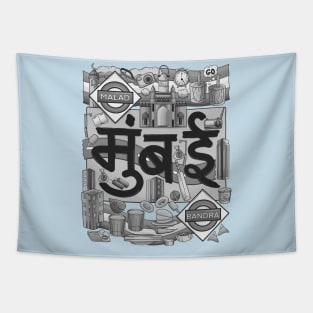 Mumbai City Hindi GreyVintage Doodle Tapestry