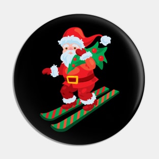 Santa on skis holding christmas Pin