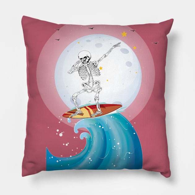 funny surfing skeleton Pillow by good day store