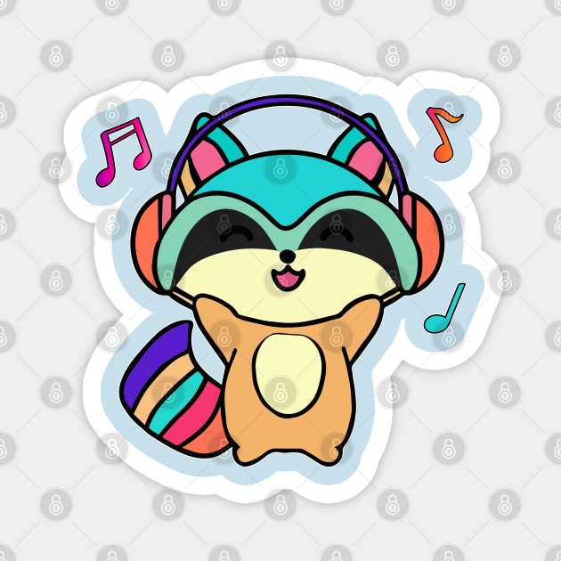 Happy smiling baby raccoon with headphones. Kawaii cartoon Magnet by SPJE Illustration Photography