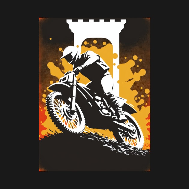 Dirt bike rider - black silhouette w/orange splash by KoolArtDistrict