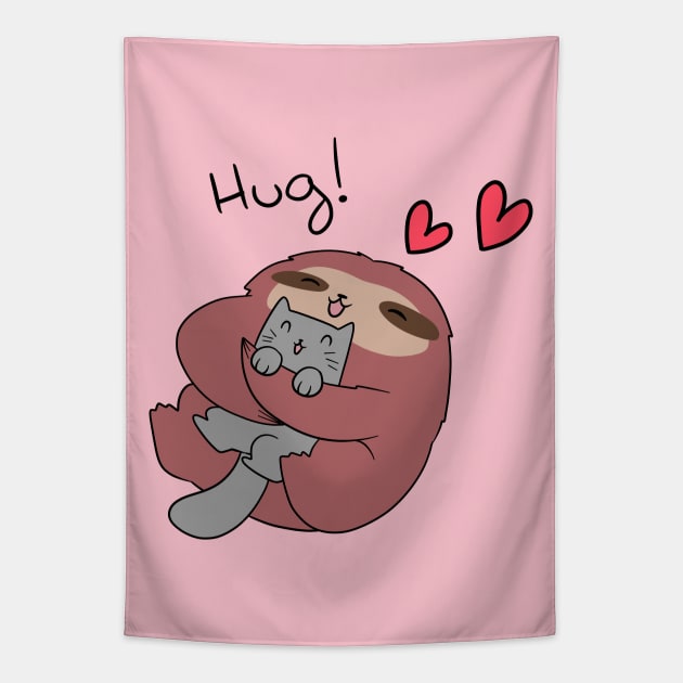 Sloth Hugs Cat Tapestry by saradaboru