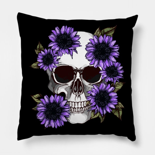 floral skull, cool skull, violet sunflowers skull mask face Pillow by Collagedream