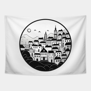 Monochrome Mediterranean Townscape Circle Art Tapestry