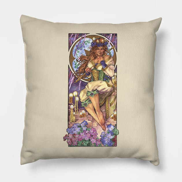 Lady of February Art Nouveau Birthstone and Birth Flower Mucha Inspired Goddess Art with Violets and Candles Pillow by angelasasser