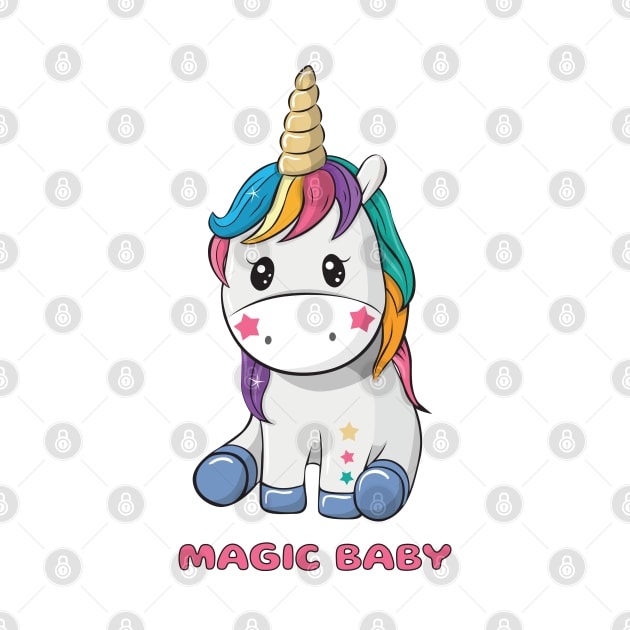 Cute little unicorn girl with coloured hair and words magic baby by playmanko