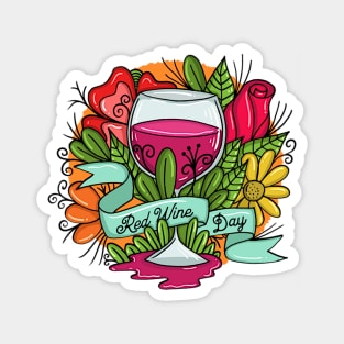 Retro Red Wine Day, floral arsty wine Magnet