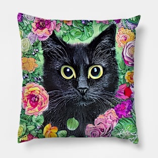 Black Cat In Flowers Pillow