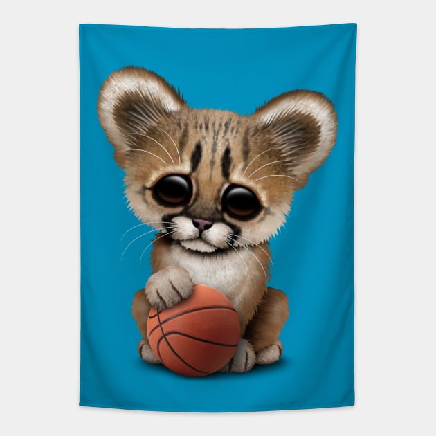 Cougar Cub Playing With Basketball Tapestry by jeffbartels