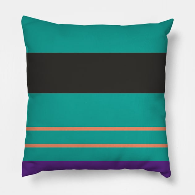 A fantastic adaptation of Light Red Ochre, Big Foot Feet, Purple, Blue/Green and Dark Grey stripes. Pillow by Sociable Stripes