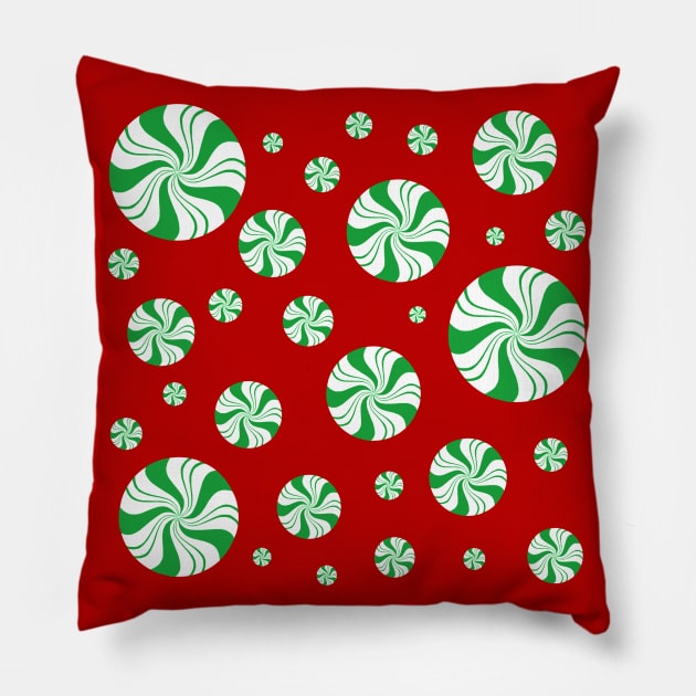 Green Round Peppermint Christmas Pattern Pillow by Art by Deborah Camp