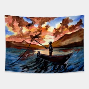 Fishing at Sunset Tapestry