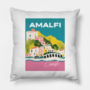 Italy Amalfi Coast Pink Turquoise Travel Poster Retro Wall Art Illustration Pillow