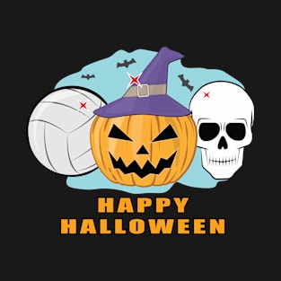 Happy Volleyball Halloween - Spooky Skull and Pumpkin T-Shirt